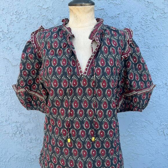Cotton Block Print Blouse NWT in Small Bohemian Top Jennifer and Grace - Picture 1 of 8